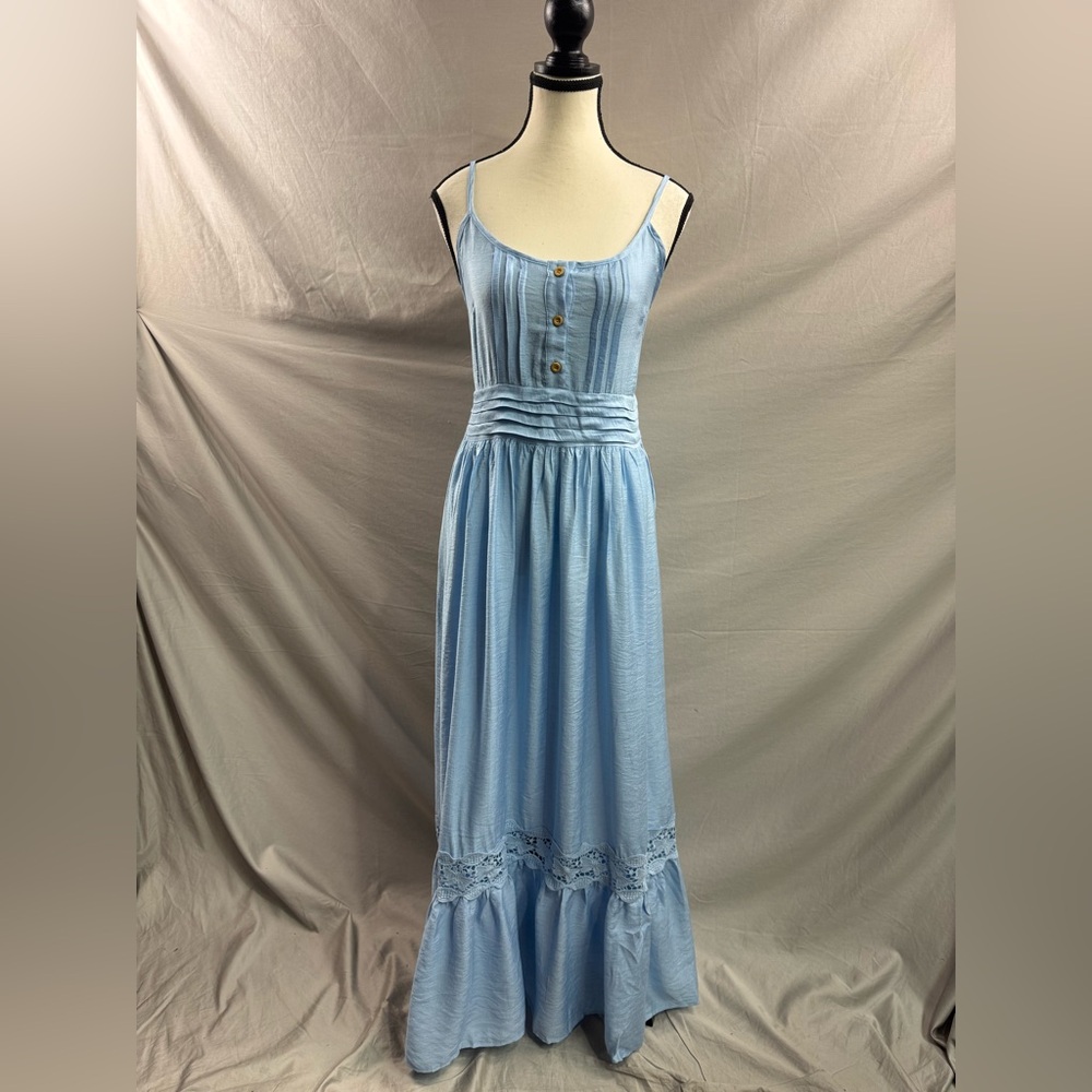 LAST ONE 🔥 Boho Shirred Ruffle Lace Hem Maxi Dress Blue - Picture 6 of 8